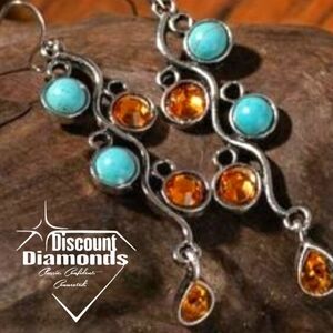 Natural Turquoise & Citrine Dangle Drop French Hook Earrings on Sterling Silver 